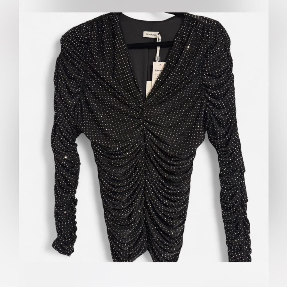 SIMKHAI Black Crystal Embellished Ruched Top – Size M (NWT, $425 Retail) - Picture 4 of 5
